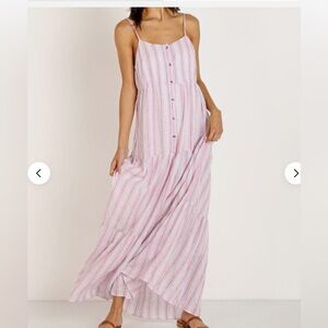 Splendid Maxi Dress L Linen Rayon Pink White Striped Lined